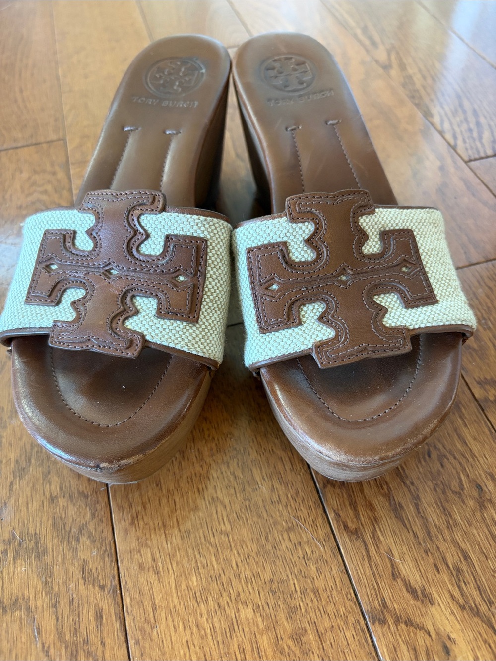 Tory Burch Logo Platform Brown Leather & Ivory Slide Mules
